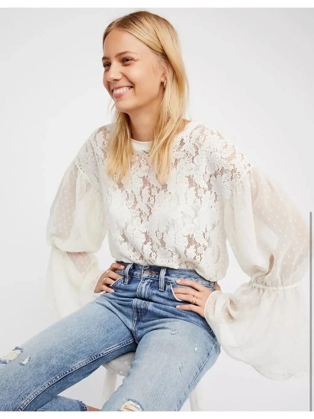 Free‎ People Something Like Love Lace Blouse Women's Size Small Bell Sleeves